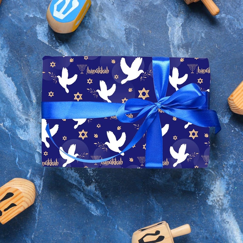 Cuitpan Hanukkah Wrapping Paper - Festival Gift Wrap with Doves, Menorahs, Star of David & Hanukkah Design - Perfect for Jewish Holiday Presents - 40×28 Inches, 4 Folded Sheets - Image 3